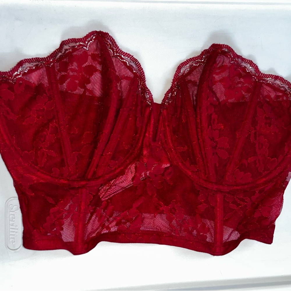 Victoria's Secret Dream Angels Long Line Strapless Corset Lace Bra Red 36DD